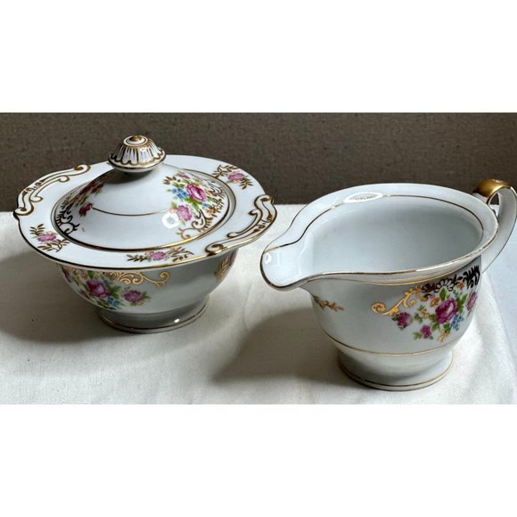 Maruichi Sugar Bowl Creamer Server China Set 40s Pink Roses Gold Discontinued - Picture 16 of 16